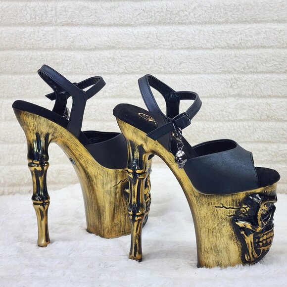 Gold / Brass Skull & Bones Red LED Platform 8" Heels Pole Shoes Vortex - Picture 12 of 14